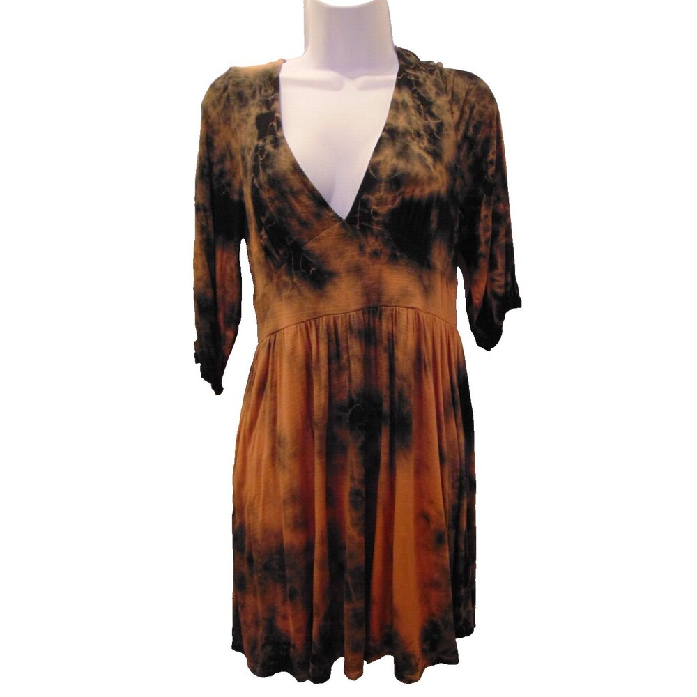 Audrey 3+1  Dress Size Medium Made In USA Black/Orange 3/4Slv Deep V neck DH6354